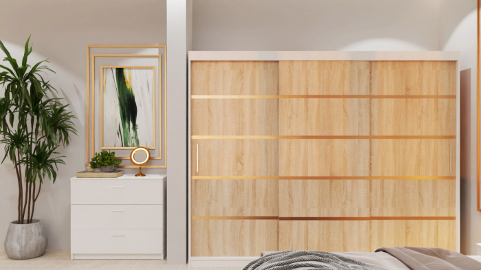 Dormitor Lucas Tapitat Stofa Bej cu dulap 250*200 usi glisante Alb&Sonoma, noptiere si comoda [5]