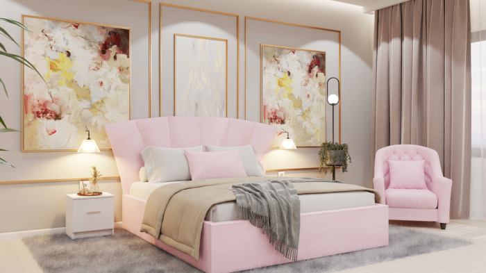 Dormitor Lucas Tapitat Stofa Roz cu dulap 250*200 usi glisante Alb, noptiere si comoda [4]