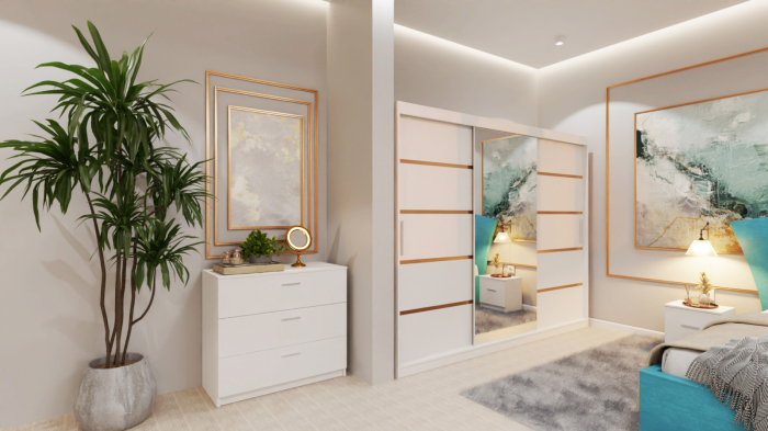 Dormitor Lucas Tapitat Stofa Turcoaz cu dulap 250*200 usi glisante Alb cu Oglinda, noptiere si comoda [2]