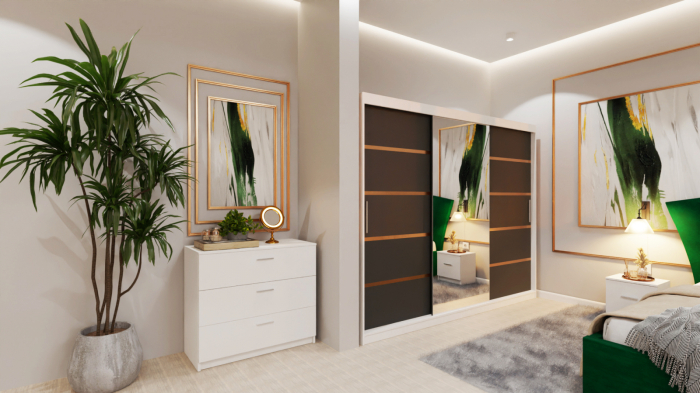 Dormitor Lucas Tapitat Stofa Verde cu dulap 250*200 usi glisante Alb&Antracit cu Oglinda, noptiere si comoda [2]