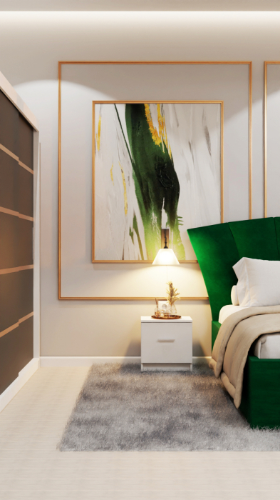 Dormitor Lucas Tapitat Stofa Verde cu dulap 250*200 usi glisante Alb&Antracit, noptiere si comoda [6]