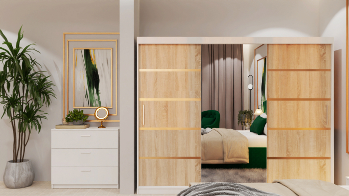 Dormitor Lucas Tapitat Stofa Verde cu dulap 250*200 usi glisante Alb&Sonoma cu Oglinda, noptiere si comoda [5]