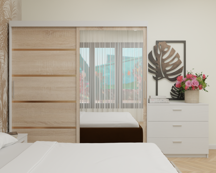 Dormitor MILANO Tapitat, 200X200 Alb&Sonoma cu oglinda, Somiera Rabatabila [5]