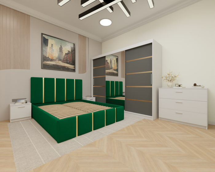 Dormitor MILANO Tapitat, 250X200 Alb&Antracit cu oglinda, Somiera Rabatabila [2]