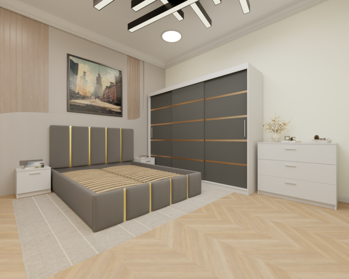 Dormitor MILANO Tapitat, 250X200 Alb&Antracit fara oglinda, Somiera Rabatabila [2]