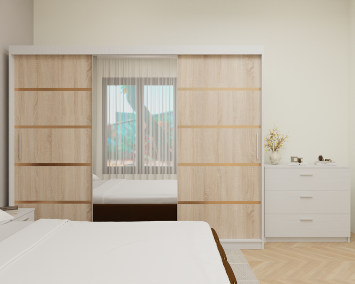 Dormitor MILANO Tapitat, 250X200 Alb&Sonoma cu oglinda, Somiera Rabatabila [5]