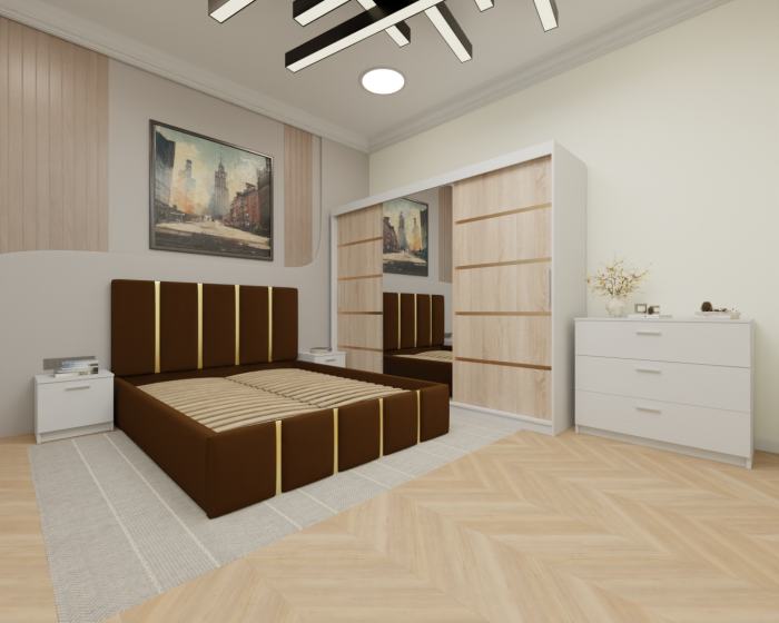 Dormitor MILANO Tapitat, 250X200 Alb&Sonoma cu oglinda, Somiera Rabatabila [2]