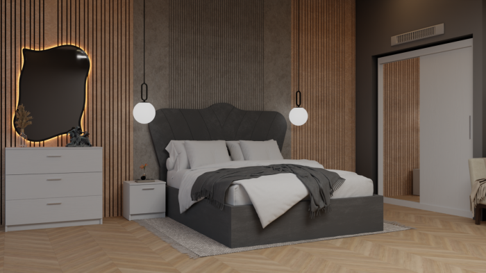 Dormitor Queen Pat Tapitat Dressing 2 Usi Cu Oglinda Alb [2]