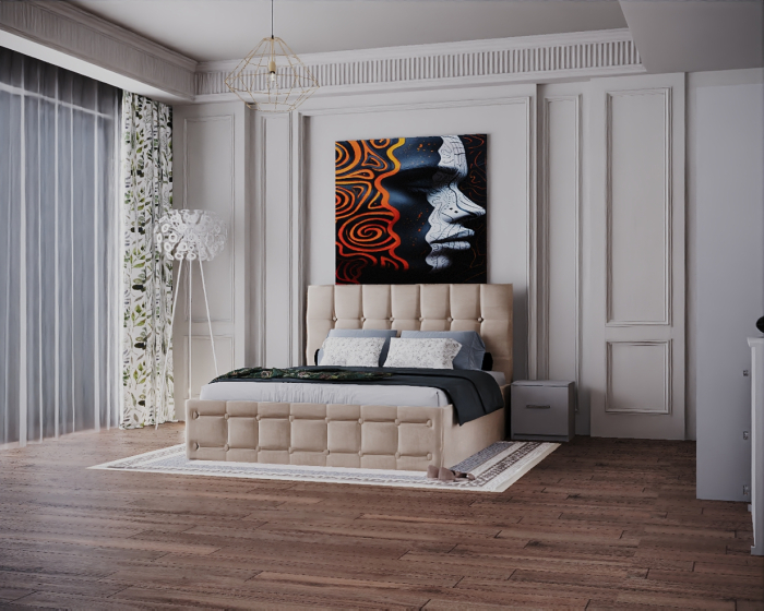 Dormitor Regal cu Pat Tapitat Stofa Bej cu dulap 200*200 usi glisante Sonoma&Alb cu Oglinda, noptiere si comoda [3]