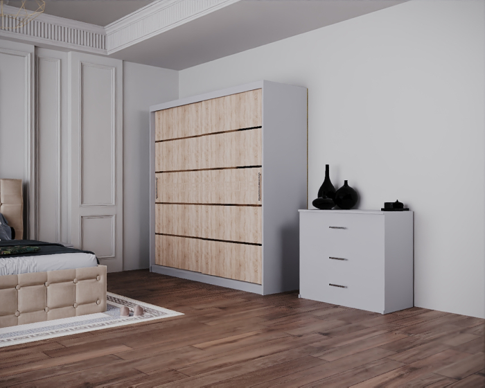 Dormitor Regal cu Pat Tapitat Stofa Bej cu dulap 200*200 usi glisante Sonoma&Alb, noptiere si comoda [6]