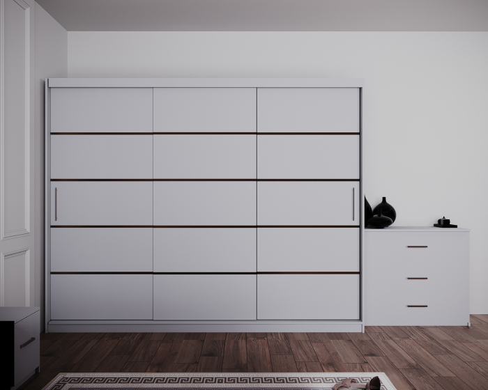 Dormitor Regal cu Pat Tapitat Stofa Bej cu dulap 250*200 usi glisante Alb, noptiere si comoda [4]