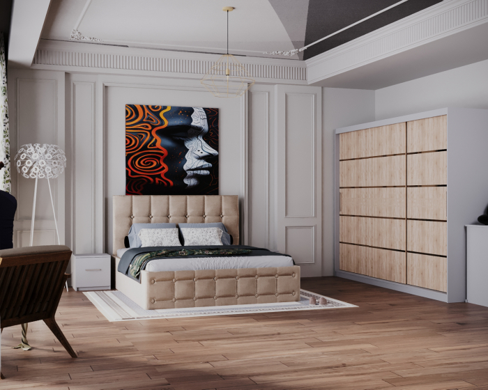 Dormitor Regal cu Pat Tapitat Stofa Bej cu dulap 250*200 usi glisante Sonoma&Alb, noptiere si comoda [2]