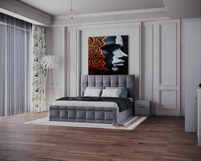 Dormitor Regal cu Pat Tapitat Stofa Gri cu dulap 200*200 usi glisante Alb cu Oglinda, noptiere si comoda [3]