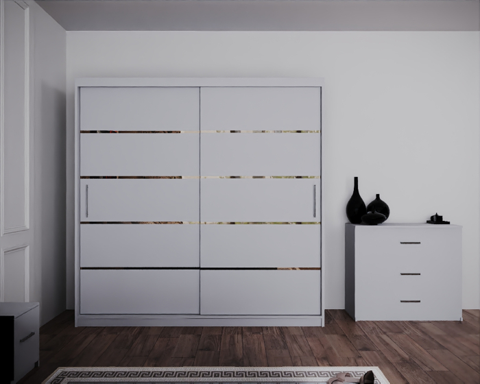 Dormitor Regal cu Pat Tapitat Stofa Gri cu dulap 200*200 usi glisante Alb, noptiere si comoda [5]