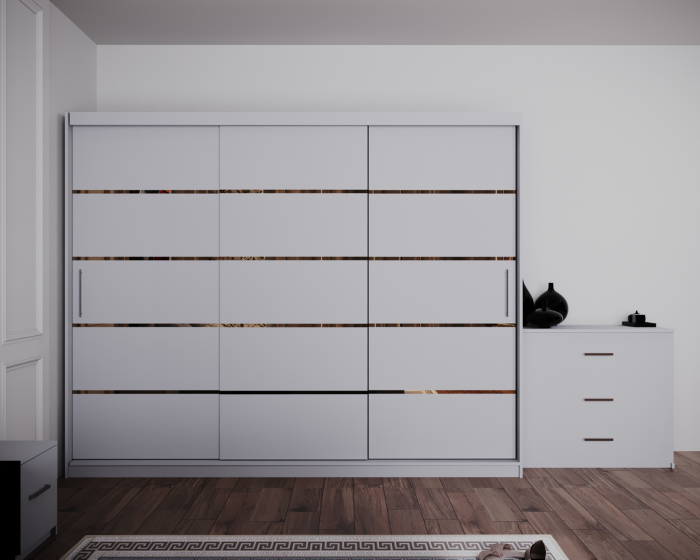 Dormitor Regal cu Pat Tapitat Stofa Gri cu dulap 250*200 usi glisante Alb , noptiere si comoda [5]