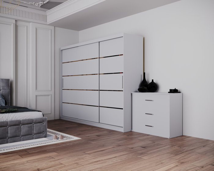 Dormitor Regal cu Pat Tapitat Stofa Gri cu dulap 250*200 usi glisante Alb , noptiere si comoda [6]