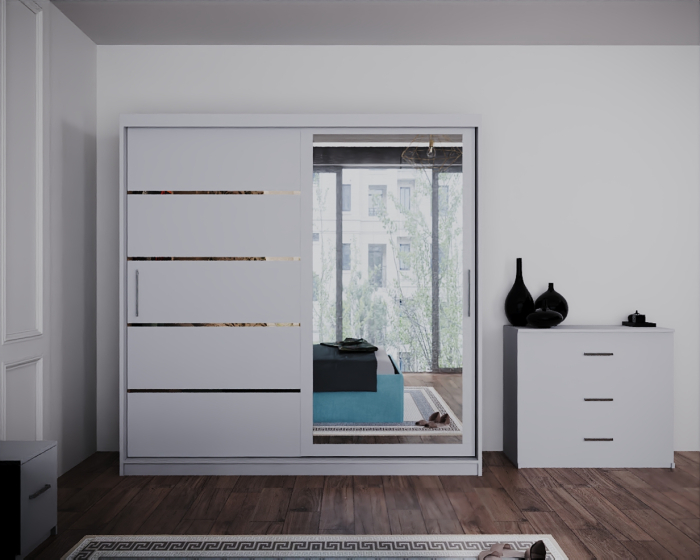 Dormitor Regal cu Pat Tapitat Stofa Turcoaz cu dulap 200*200 usi glisante Alb cu Oglinda, noptiere si comoda [5]