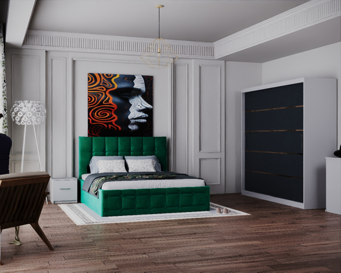 Dormitor Regal cu Pat Tapitat Stofa Verde cu dulap 200*200 usi glisante Alb&Antracit cu, noptiere si comoda [2]