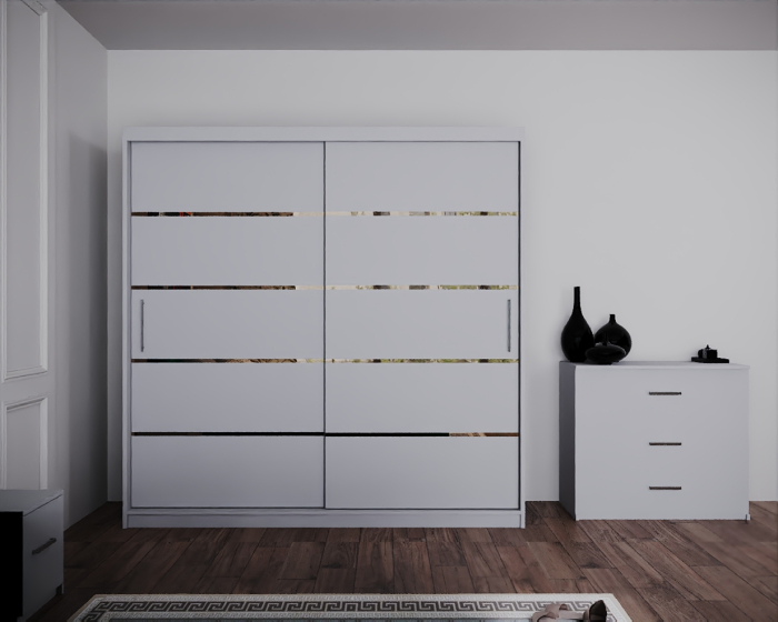 Dormitor Regal cu Pat Tapitat Stofa Verde cu dulap 200*200 usi glisante Alb cu, noptiere si comoda [5]