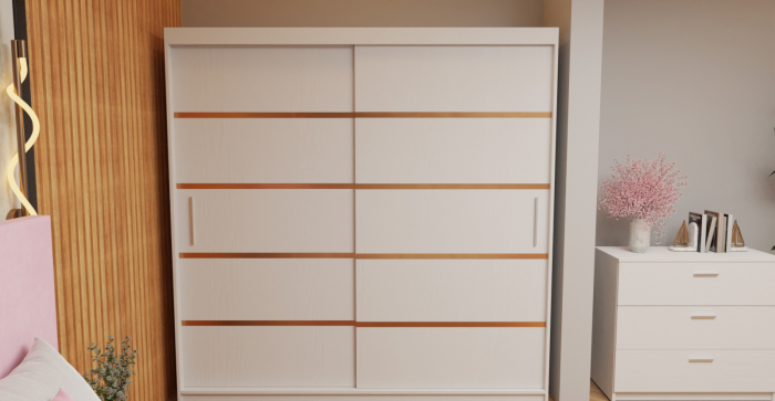 Dormitor Tony Tapitat 160x 200 Stofa Roz cu dulap 200*200 usi glisante Alb, noptiere si comoda [4]