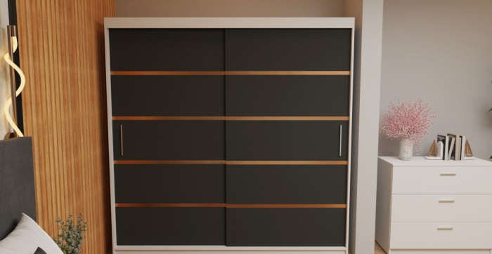 Dormitor Tony Tapitat Stofa Gri cu dulap 200*200 usi glisante Alb&Antracit, noptiere si comoda [4]