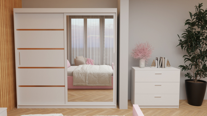 Dormitor Tony Tapitat Stofa Roz cu dulap 200*200 usi glisante Alb cu Oglinda, noptiere si comoda [4]