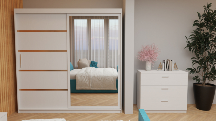 Dormitor Tony Tapitat Stofa Turcoaz cu dulap 200*200 usi glisante Alb cu Oglinda, noptiere si comoda [4]