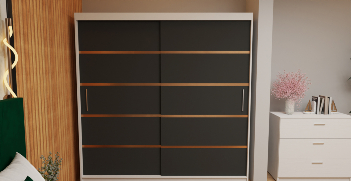 Dormitor Tony Tapitat Stofa Verde cu dulap 200*200 usi glisante Alb&Antracit cu, noptiere si comoda [4]