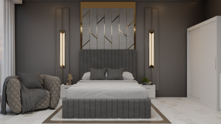 Set dormitor 160x200 - Dormitor Cairo Pat Tapitat Dressing 2 Usi Alb