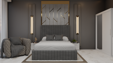 Set dormitor 160x200 - Dormitor Cairo Pat Tapitat Dressing 2 Usi Cu Oglinda Alb