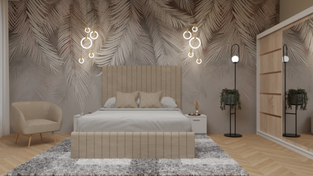 Set dormitor 160x200 - Dormitor Cairo Pat Tapitat Dressing 200x200 Alb&Sonoma cu Oglinda