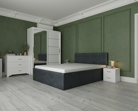 Set dormitor 160x200 - Dormitor Loki Tapitat cu Oglinda Alb&Gri