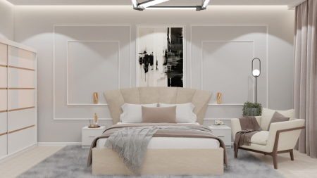 Seturi Dormitor - Dormitor Lucas cu Pat Tapitat Stofa Bej cu dulap 200*200 usi glisante Alb , noptiere si comoda