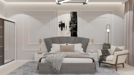 Seturi Dormitor - Dormitor Lucas cu Pat Tapitat Stofa Gri cu dulap 200*200 usi glisante Antracit&Alb cu oglinda , noptiere si comoda