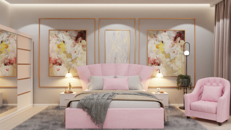 Seturi Dormitor - Dormitor Lucas cu Pat Tapitat Stofa Roz cu dulap 250*200 usi glisante Alb cu Oglinda, noptiere si comoda