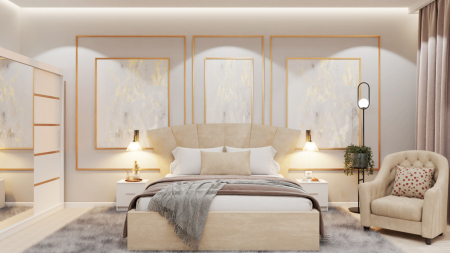 Seturi Dormitor - Dormitor Lucas Tapitat Stofa Bej cu dulap 250*200 usi glisante Alb cu Oglinda, noptiere si comoda