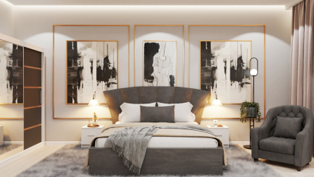 Seturi Dormitor - Dormitor Lucas Tapitat Stofa Gri cu dulap 250*200 usi glisante Alb&Antracit cu Oglinda, noptiere si comoda