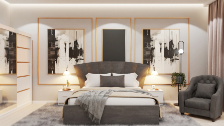 Seturi Dormitor - Dormitor Lucas Tapitat Stofa Gri cu dulap 250*200 usi glisante Alb cu Oglinda, noptiere si comoda