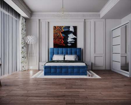 Set dormitor 160x200 - Dormitor Regal cu Pat Tapitat Stofa Albastra cu dulap 200*200 usi glisante Alb cu Oglinda, noptiere si comoda