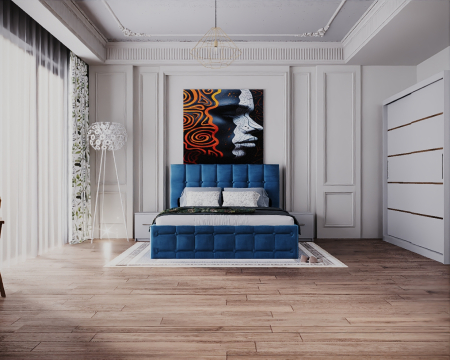 Set dormitor 160x200 - Dormitor Regal cu Pat Tapitat Stofa Albastra cu dulap 200*200 usi glisante Alb, noptiere si comoda