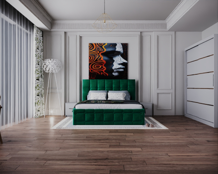 Seturi Dormitor - Dormitor Regal cu Pat Tapitat Stofa Verde cu dulap 200*200 usi glisante Alb cu, noptiere si comoda