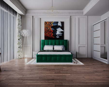 Seturi Dormitor - Dormitor Regal cu Pat Tapitat Stofa Verde cu dulap 200*200 usi glisante Alb cu Oglinda, noptiere si comoda