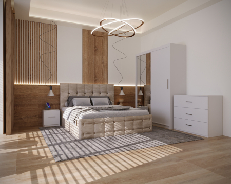 Set dormitor 160x200 - Dormitor Regal Tapitat Bej 2 Usi Alb cu Oglinda