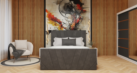 Seturi Dormitor - Dormitor Tony Tapitat Stofa Gri cu dulap 200*200 usi glisante Alb&Antracit cu Oglinda, noptiere si comoda