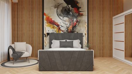 Seturi Dormitor - Dormitor Tony Tapitat Stofa Gri cu dulap 200*200 usi glisante Alb cu Oglinda, noptiere si comoda