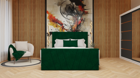 Set dormitor 160x200 - Dormitor Tony Tapitat Stofa Verde cu dulap 200*200 usi glisante Alb&Antracit cu Oglinda, noptiere si comoda