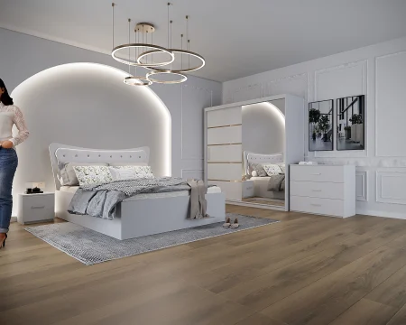 Set dormitor 180x200 - Dormitor Vista cu Pat Tapitat cu dulap 200*200 usi glisante, noptiere si comoda