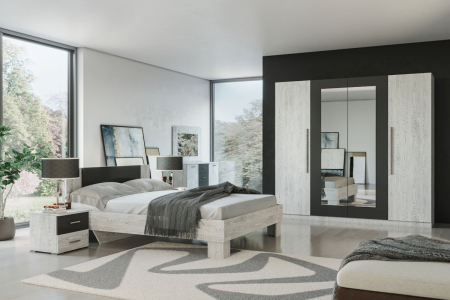 Seturi Dormitor - Mobila dormitor Lileya, cu pat, comoda, noptiera, dulap, Alaska/Antracit