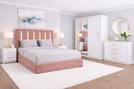 Seturi Dormitor - Set Dormitor din MDF lucios ZOE cu Somiera rabatabila si lada, dressing 150x200