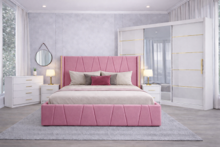 Seturi Dormitor - Set Dormitor Eva mdf lucios cu Somiera Rabatabila si lada de depozitare, dressing 250x200